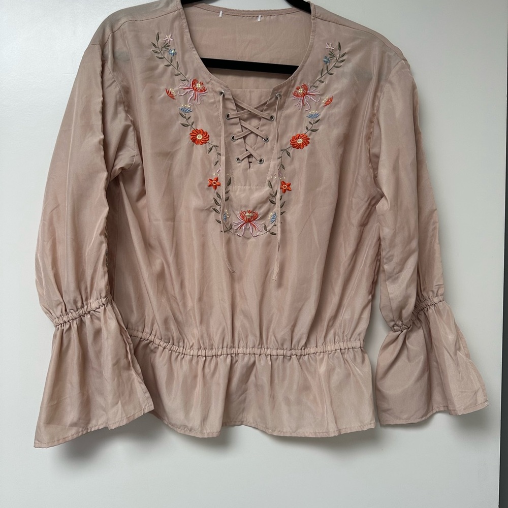 NWOT Japanese Embroidered Lace-Up Beige Top